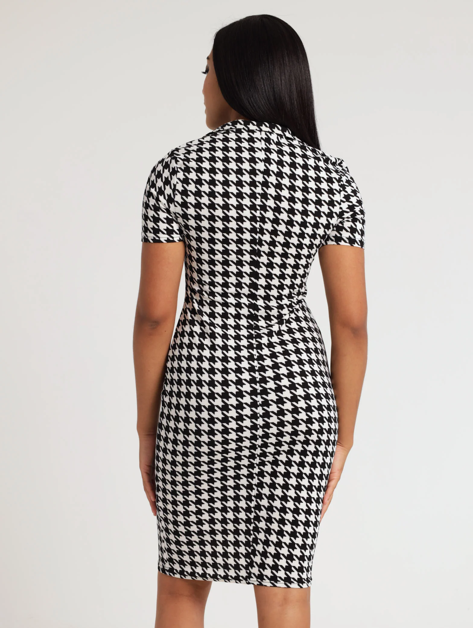Short Sleeve Houndstooth Zip Neck Dress - Black/White - Image 4