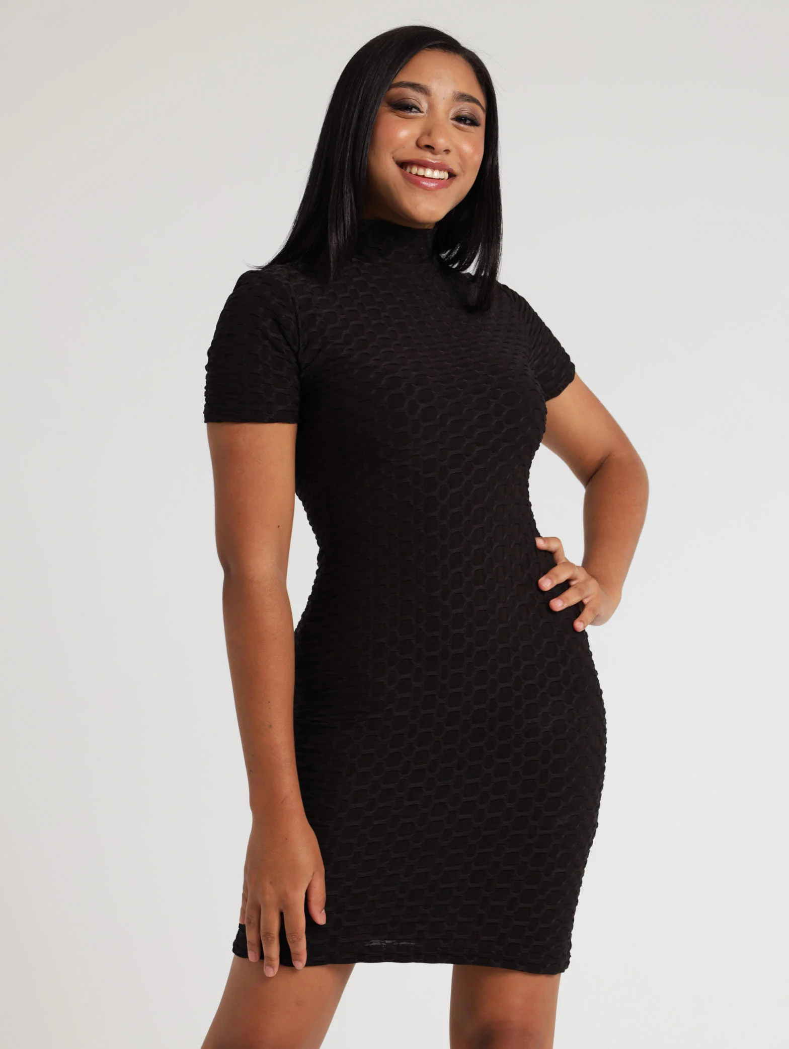 Short Sleeve Textured Bodycon Dress - Black
