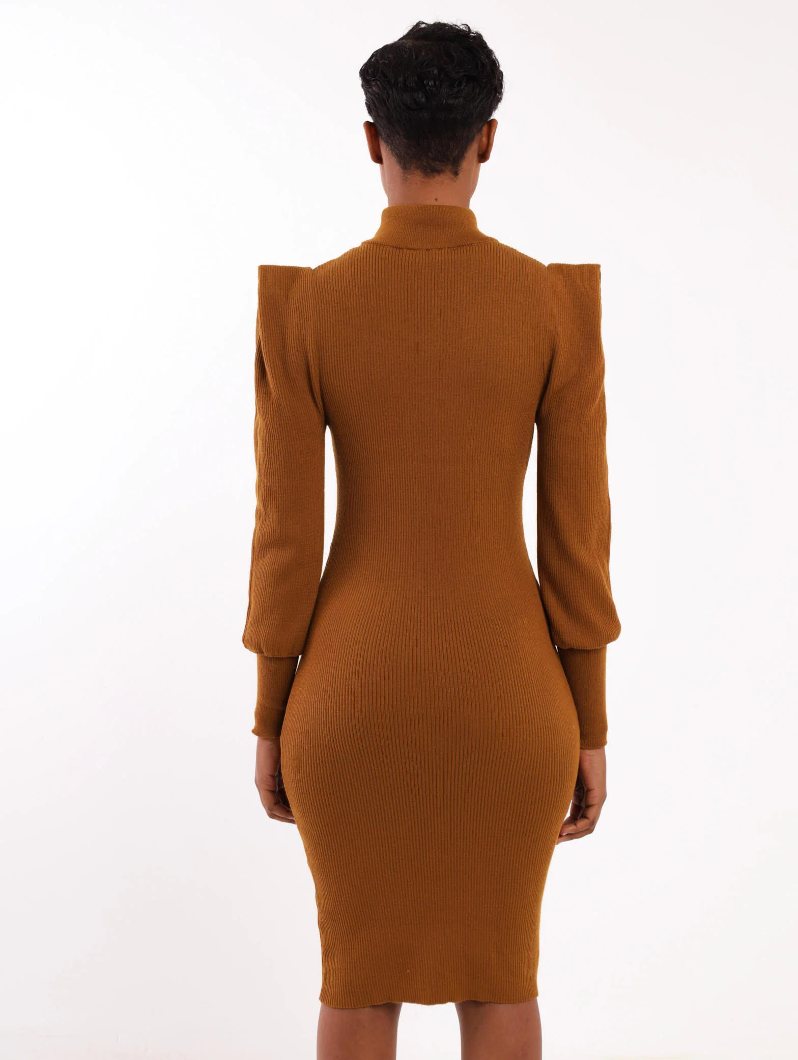 Shoulder Padded Knitwear Bodycon Dress - Mustard - Image 3