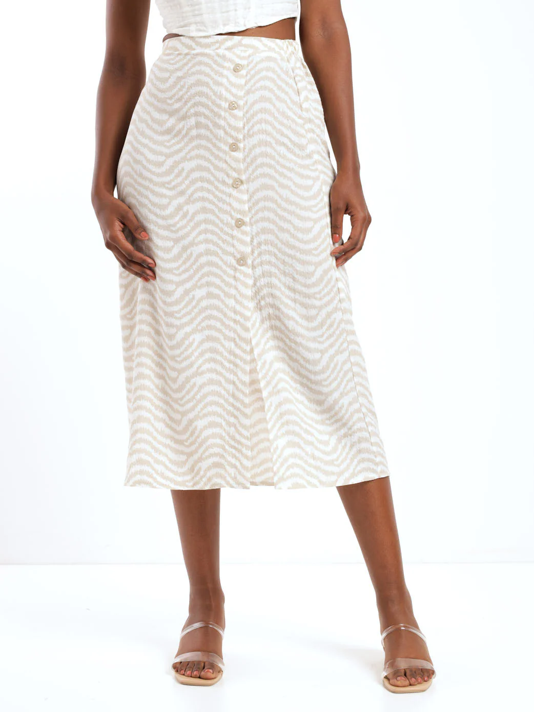 Side Button Zebra Midi Skirt