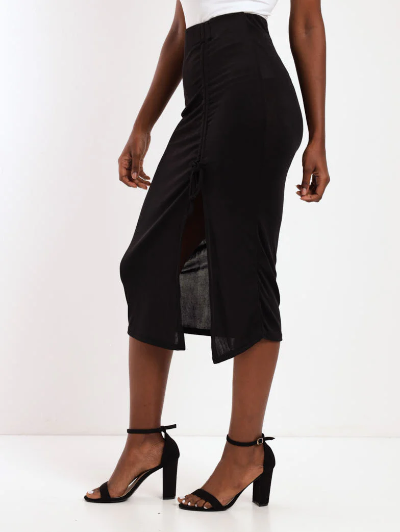 Side Ruched Slit Slinky Midi Skirt - Black - Image 2