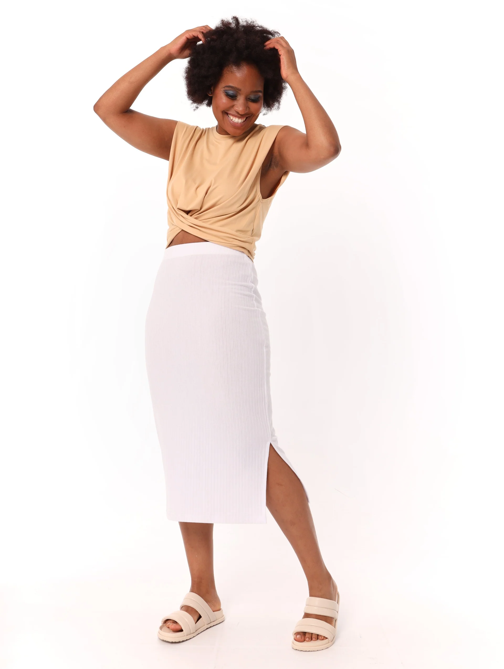 Side Slit Rib Midi Skirt - White - Image 2