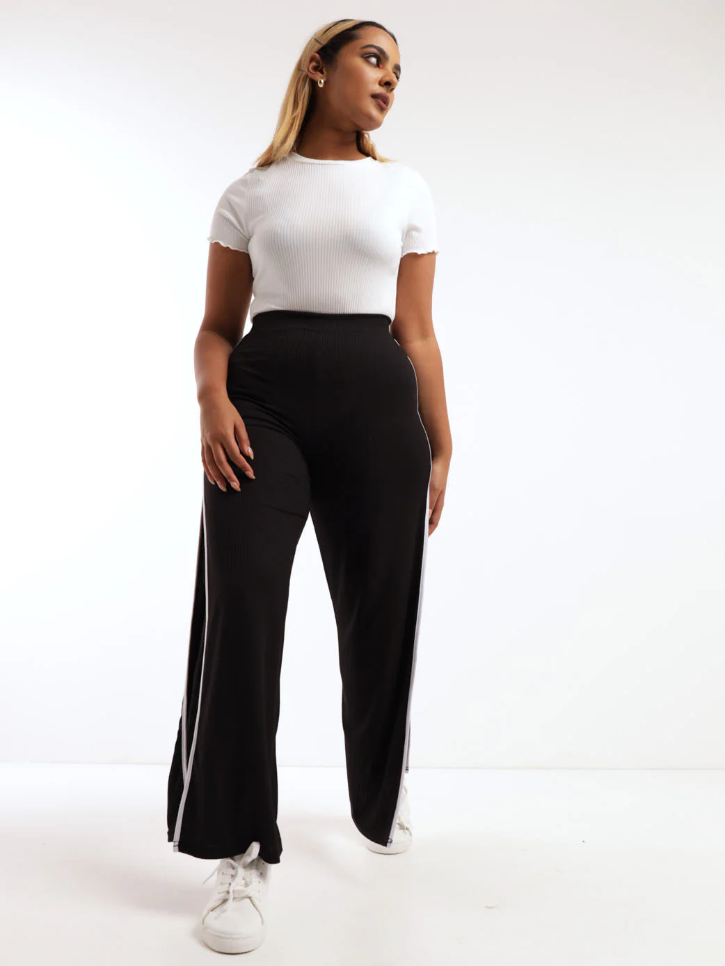 Side Slit Striped Ribbed Pant - Black/White - Image 2