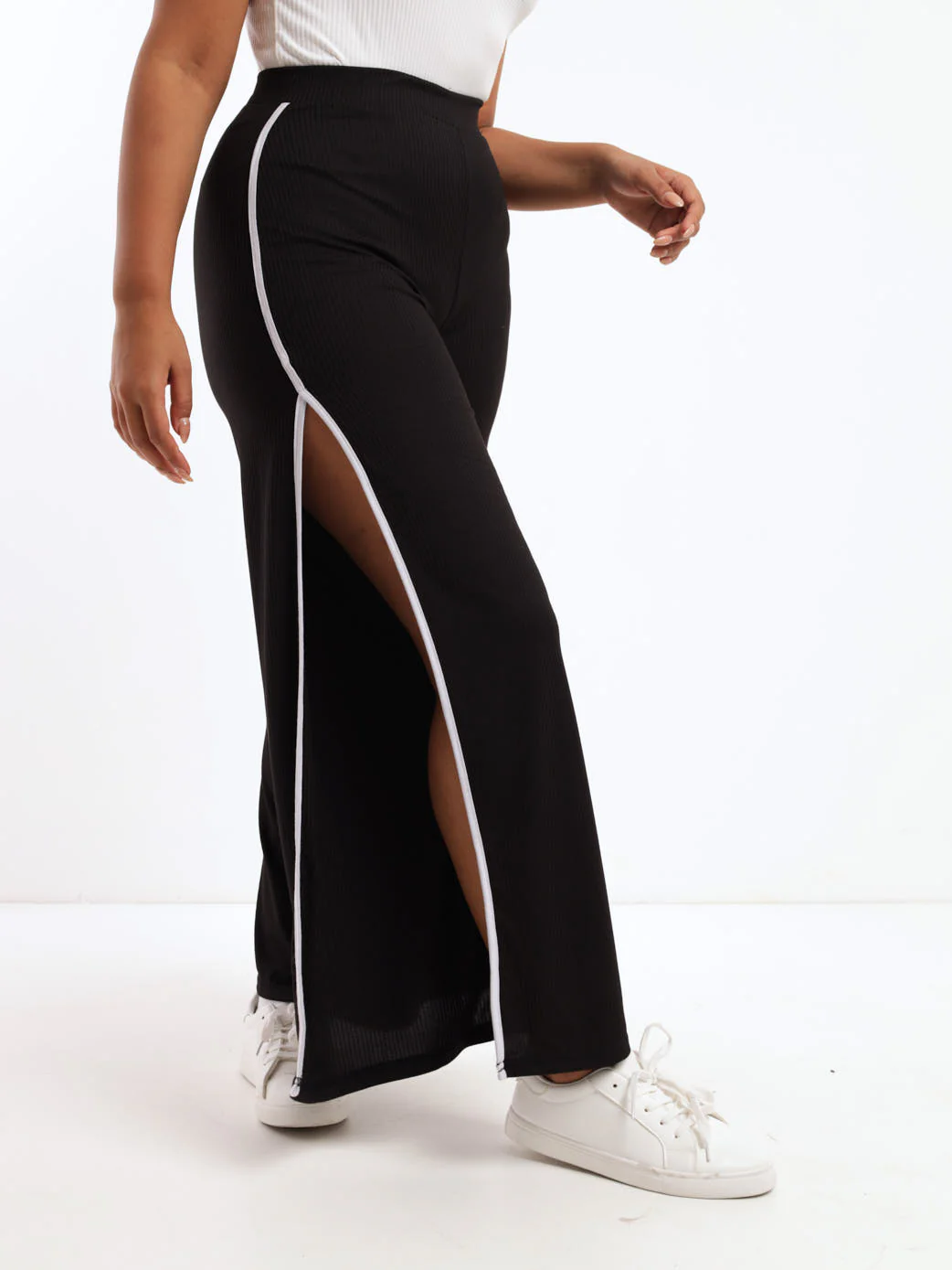 Side Slit Striped Ribbed Pant - Black/White - Image 3