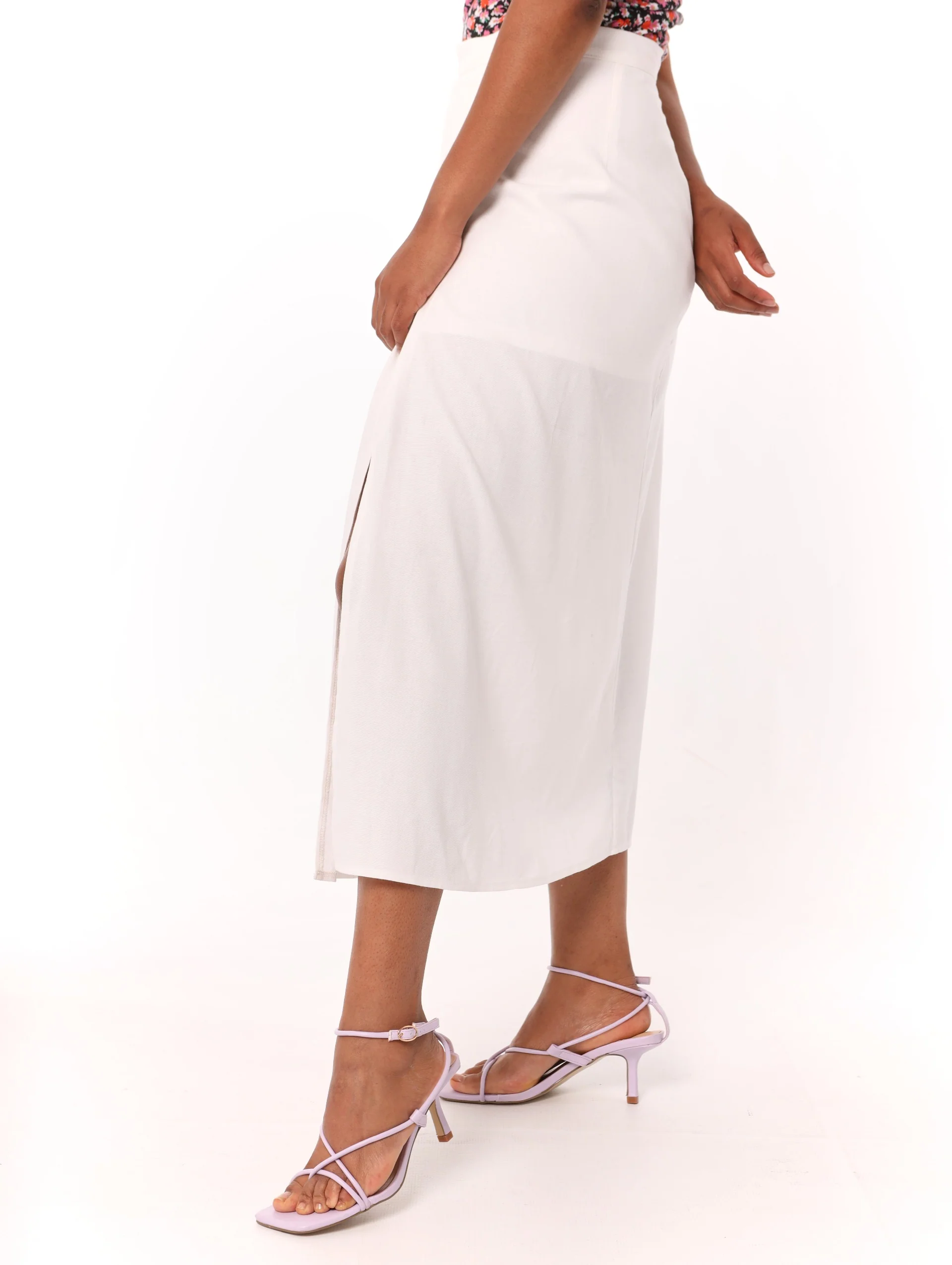Side Split Pleated Midi Skirt - White