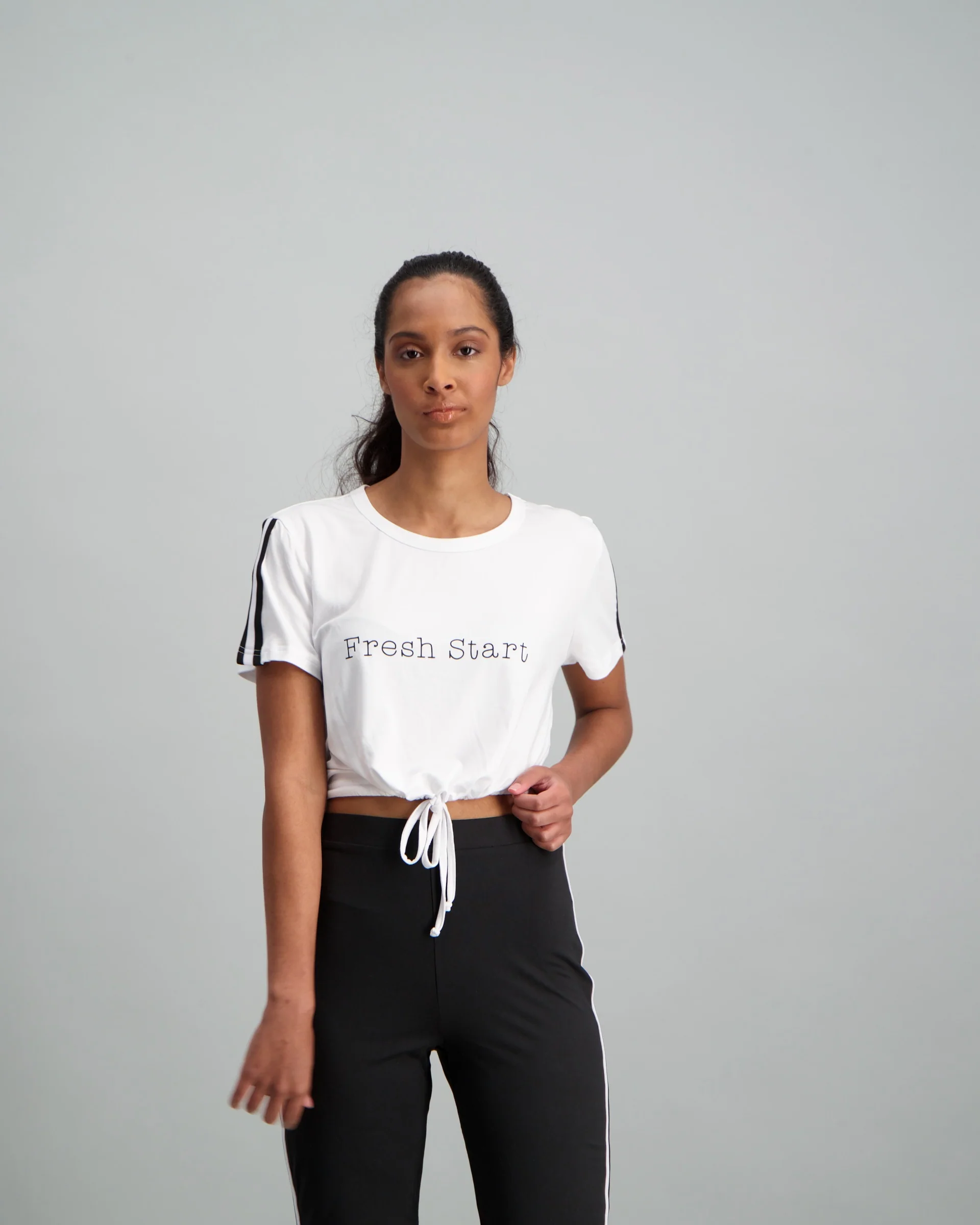 Side Stripe Elastic T-Shirt - White