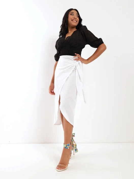 Side Wrap Linen Skirt - White - Image 2
