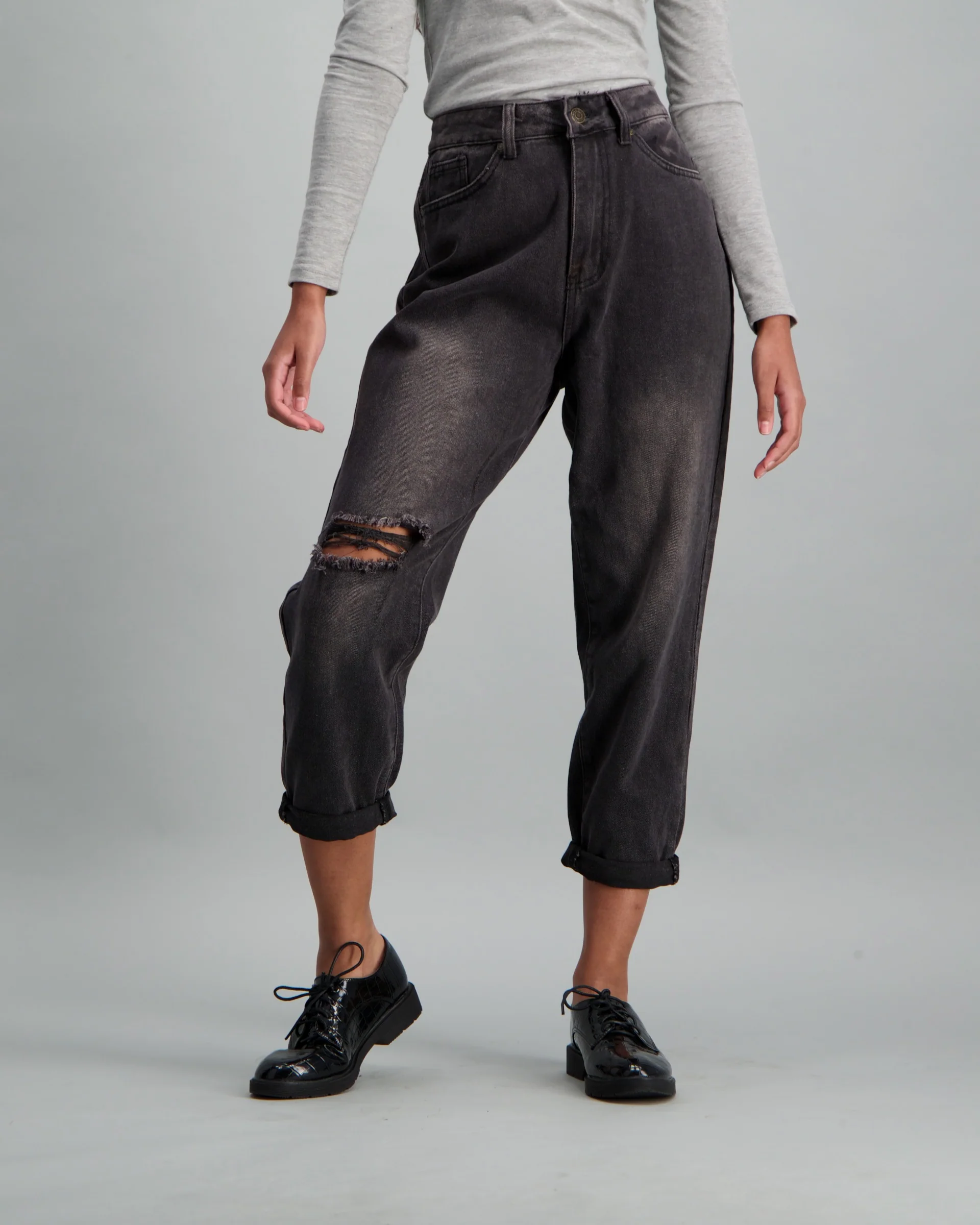 Slash Knee Black Mom Denim Jean