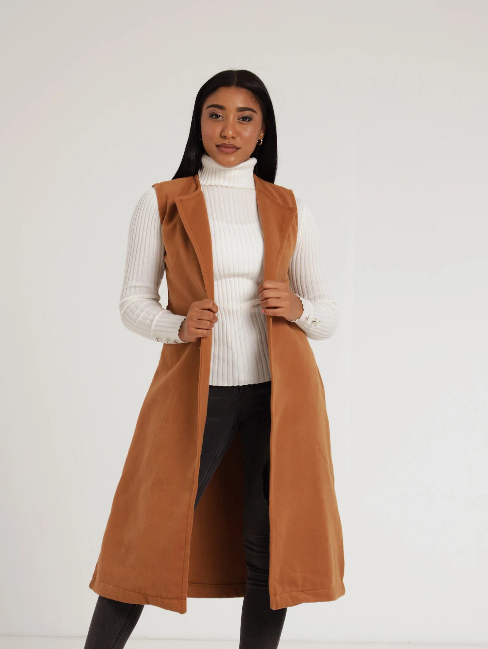 Sleeveless Belted Melton Jacket - Caramel