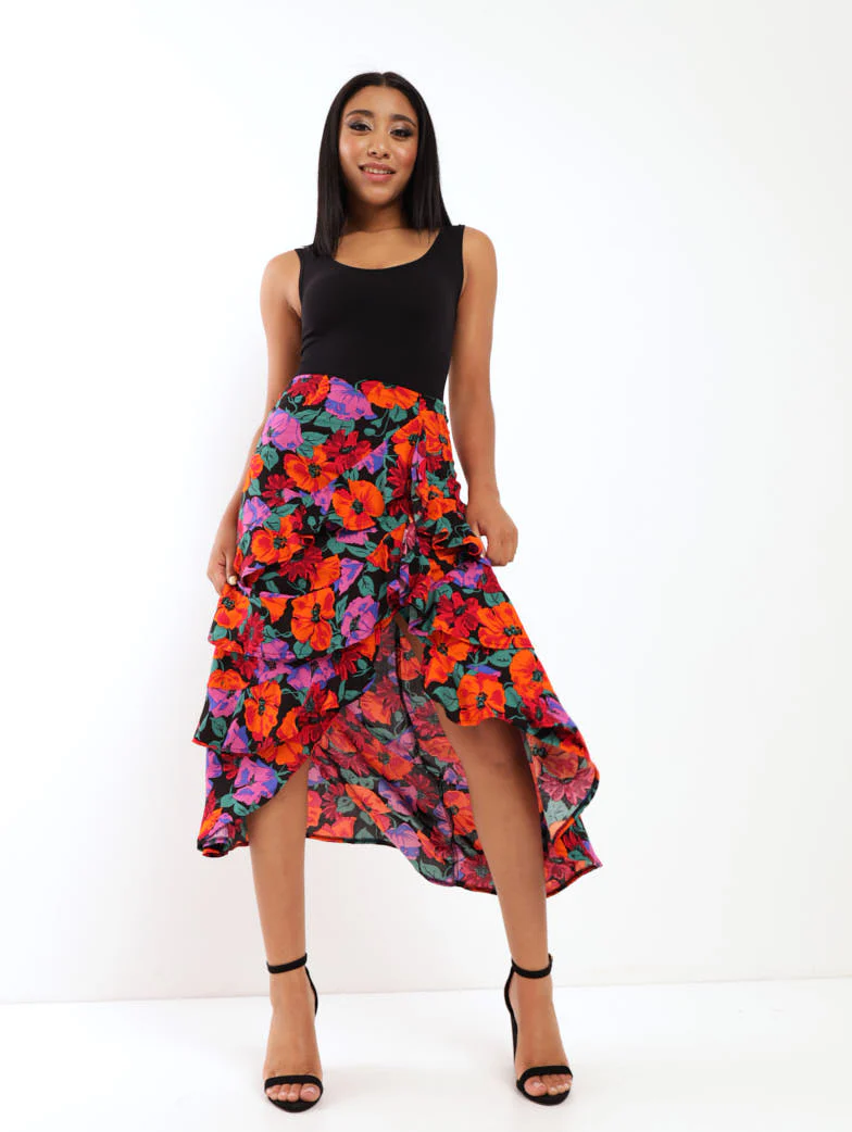 Split Front Frill Maxi Skirt - Floral - Image 2