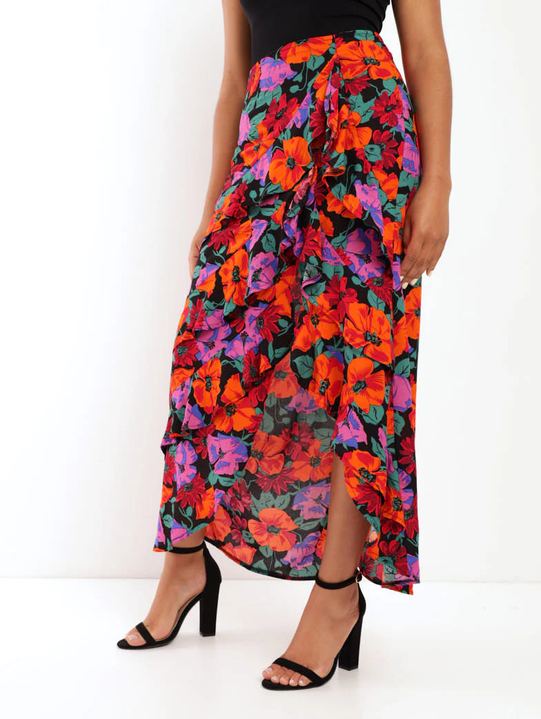 Split Front Frill Maxi Skirt - Floral - Image 3