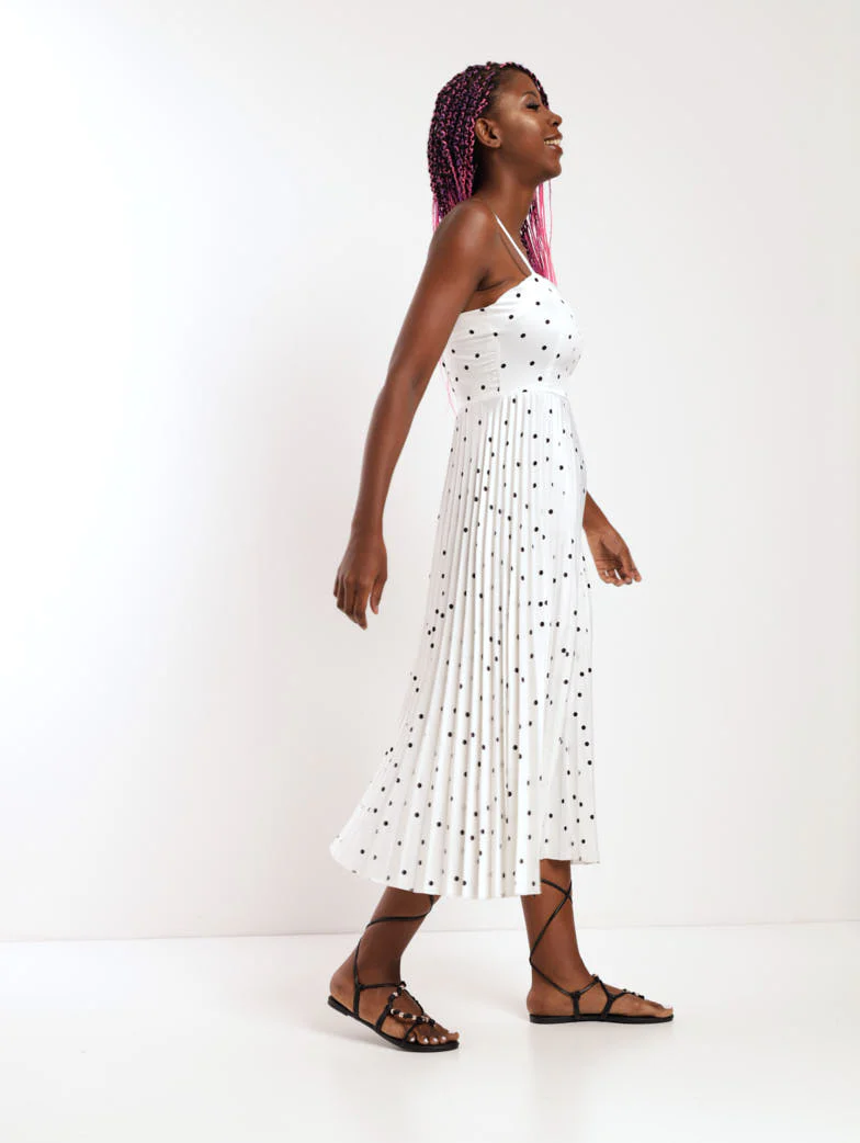 Spot Detail Pleated Dress - Black/White - Image 2