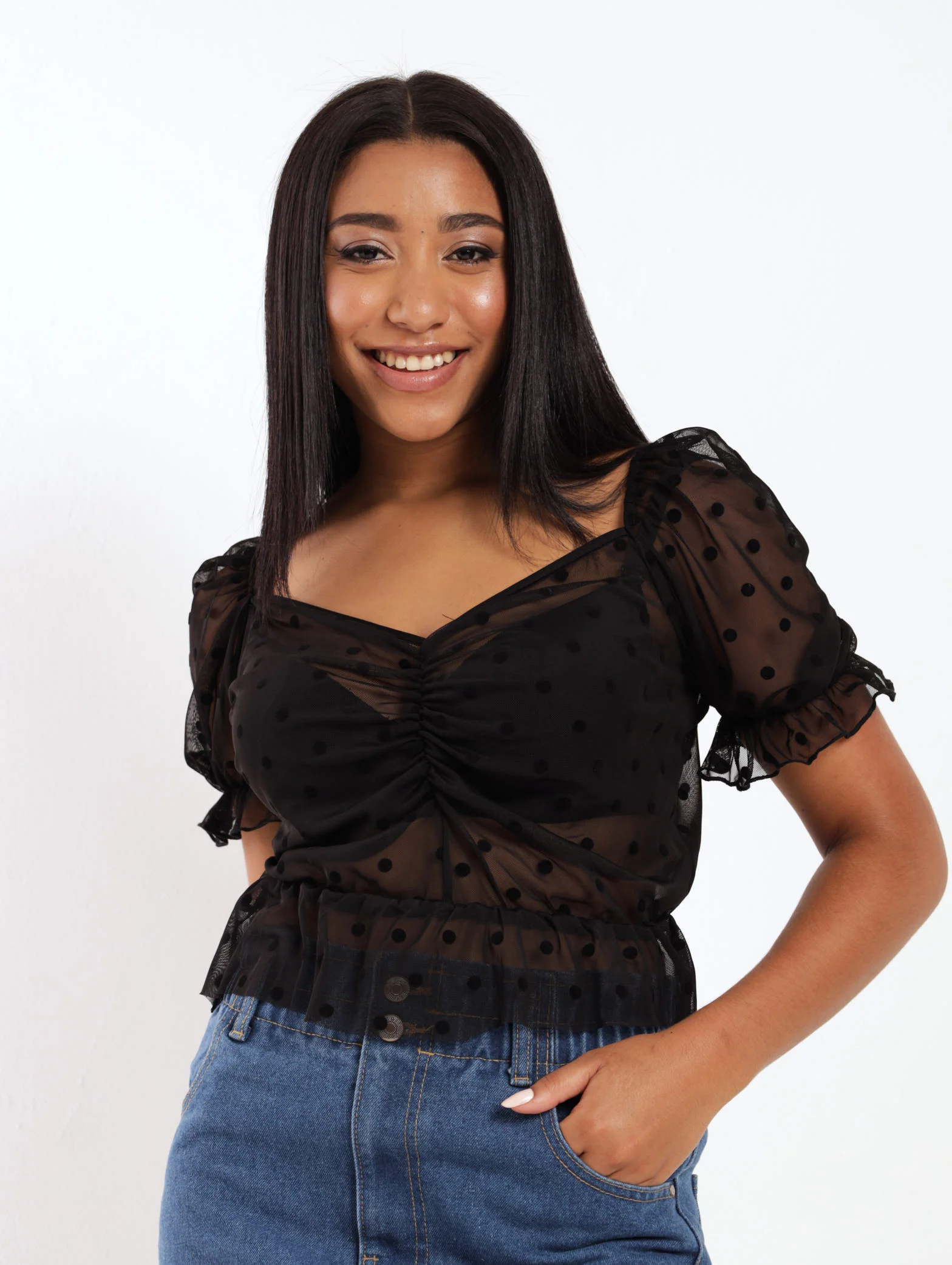 Spot Mesh Peplum Top - Black - Image 4