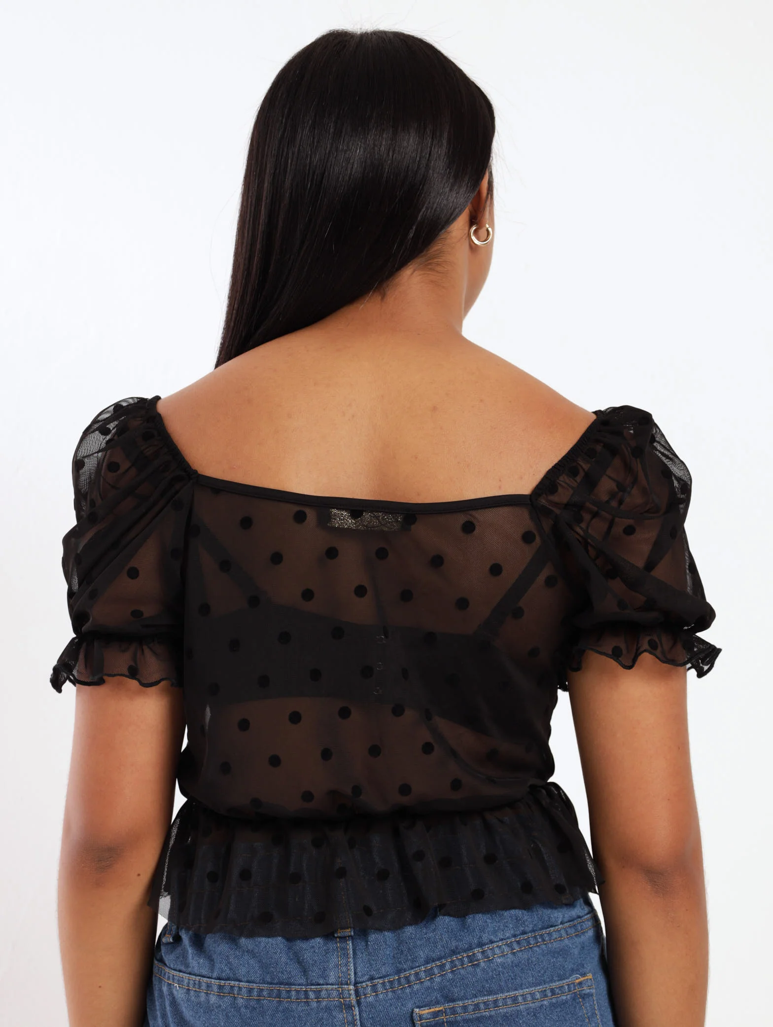 Spot Mesh Peplum Top - Black - Image 5