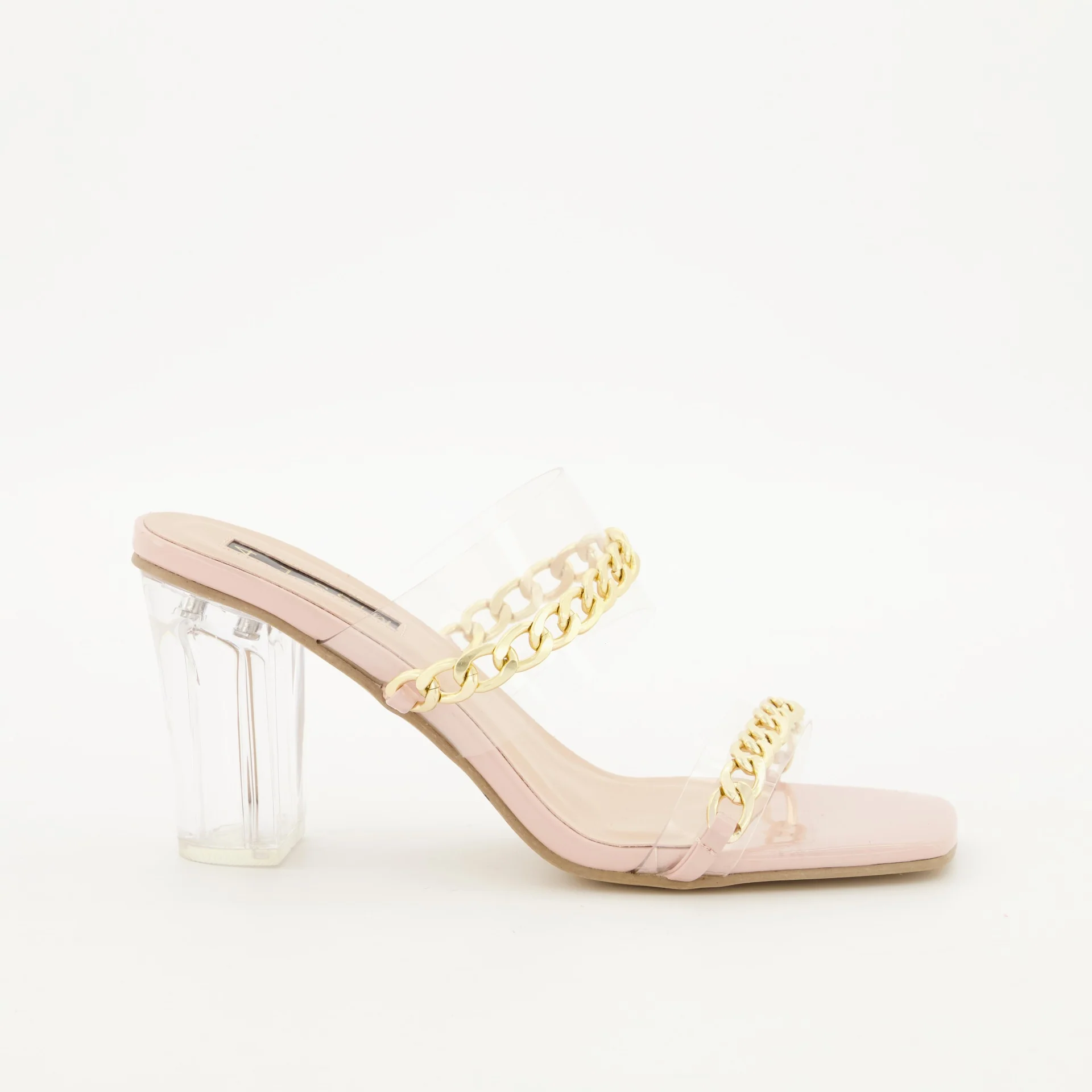 Square Toe Perspex Block Heel with Chain - Blush