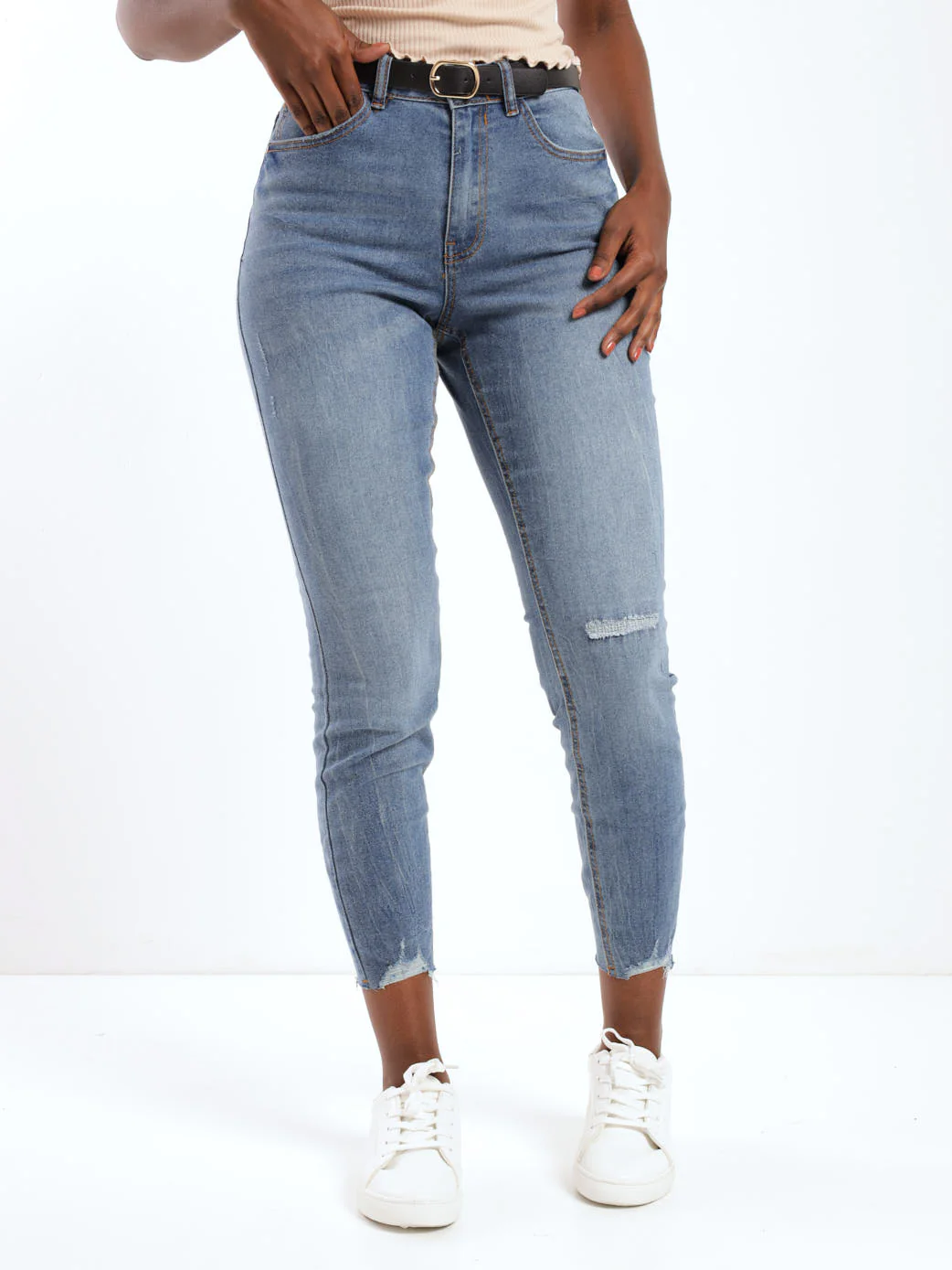 Stonewash Chewed Hem Abraised Belted Skinny Denim Jean