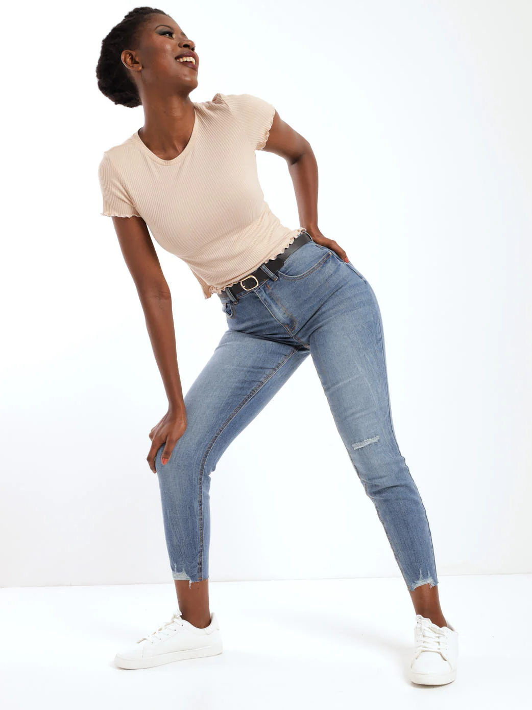 Stonewash Chewed Hem Abraised Belted Skinny Denim Jean - Image 2