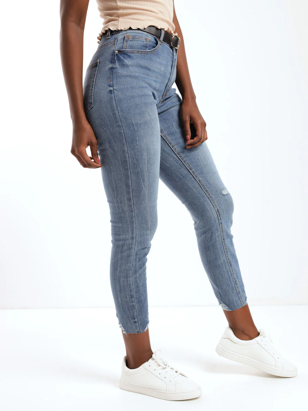 Stonewash Chewed Hem Abraised Belted Skinny Denim Jean - Image 3