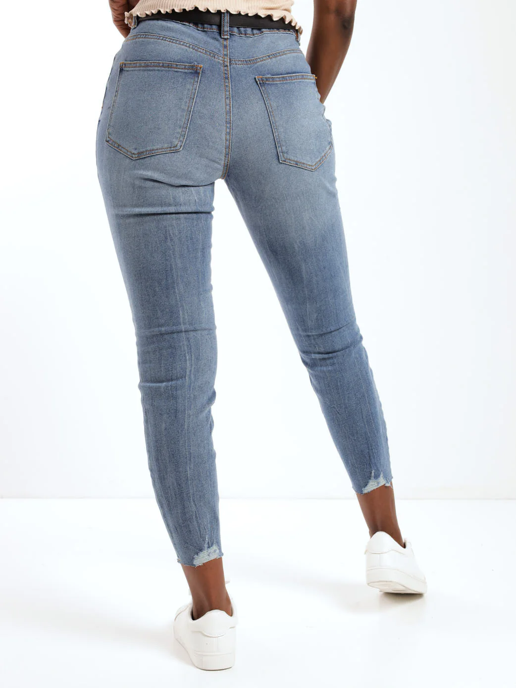 Stonewash Chewed Hem Abraised Belted Skinny Denim Jean - Image 4