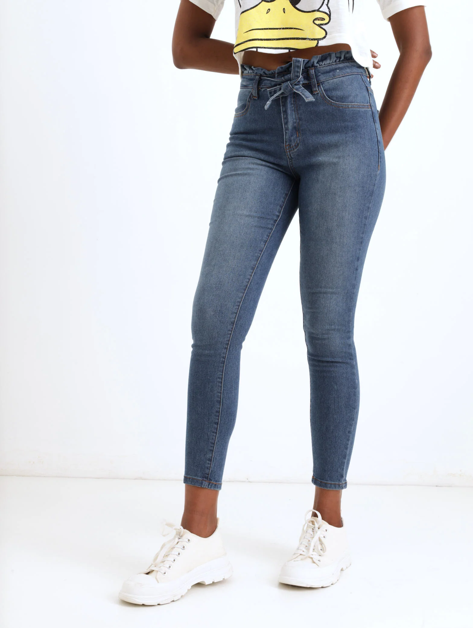 Stonewash Frill Wide Bottom Tie Belt Skinny Denim Jean - Image 3
