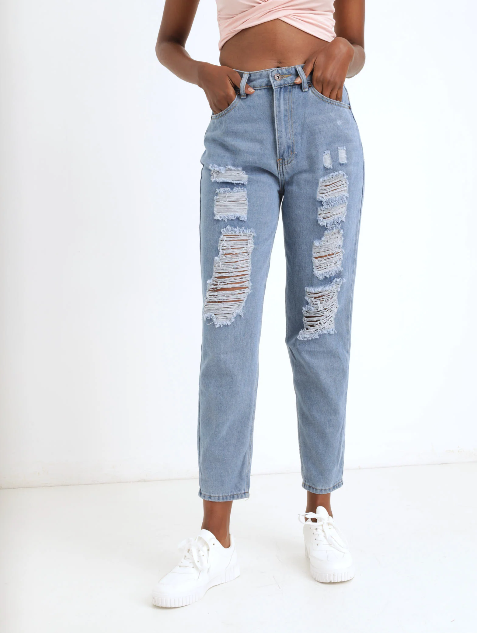 Stonewash Heavily Abraised Mom Denim Jean