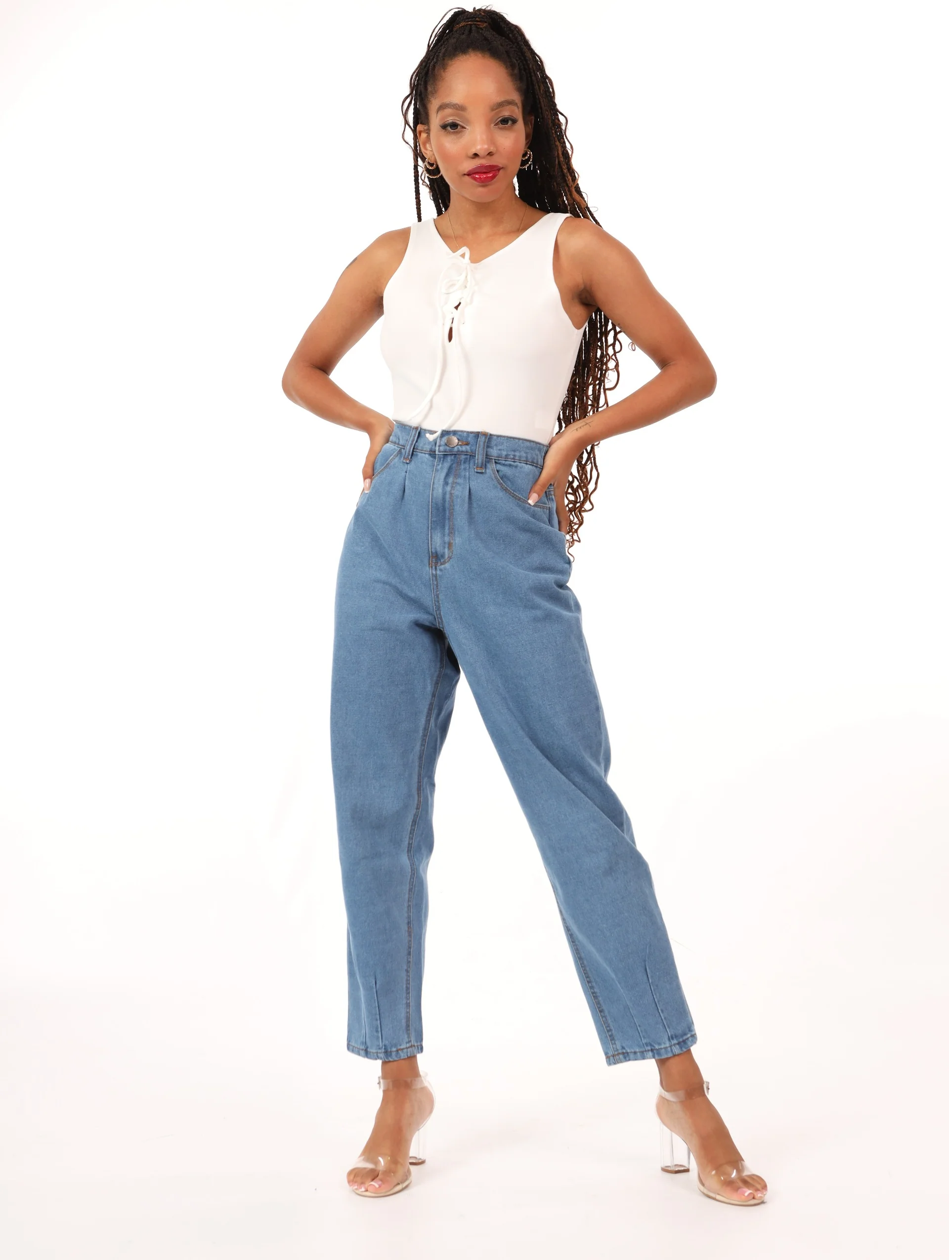 Stonewash Hi-Waist Pleated Balloon Denim Jean - Image 2