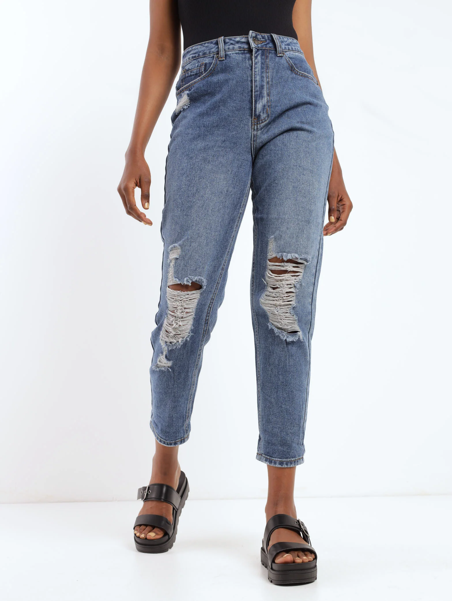Stonewash Mid Abraised Denim Mom Jean