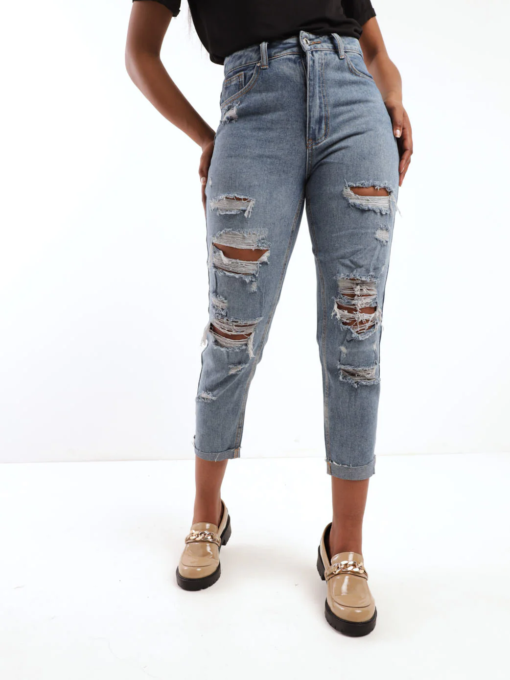Stonewash Ripped Denim Mom Jean