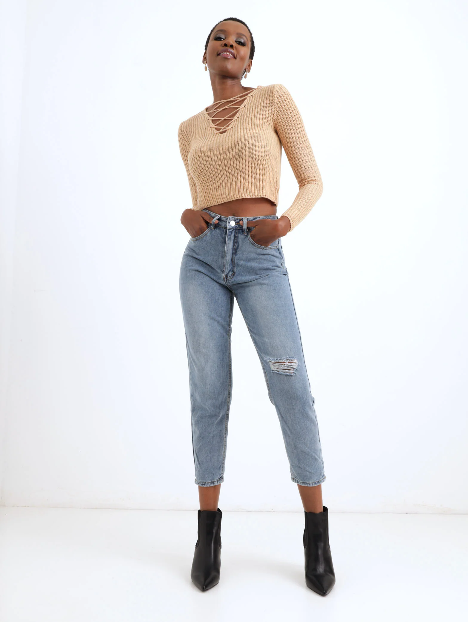 Stonewash Slash Knee Mom Denim Jean - Image 2