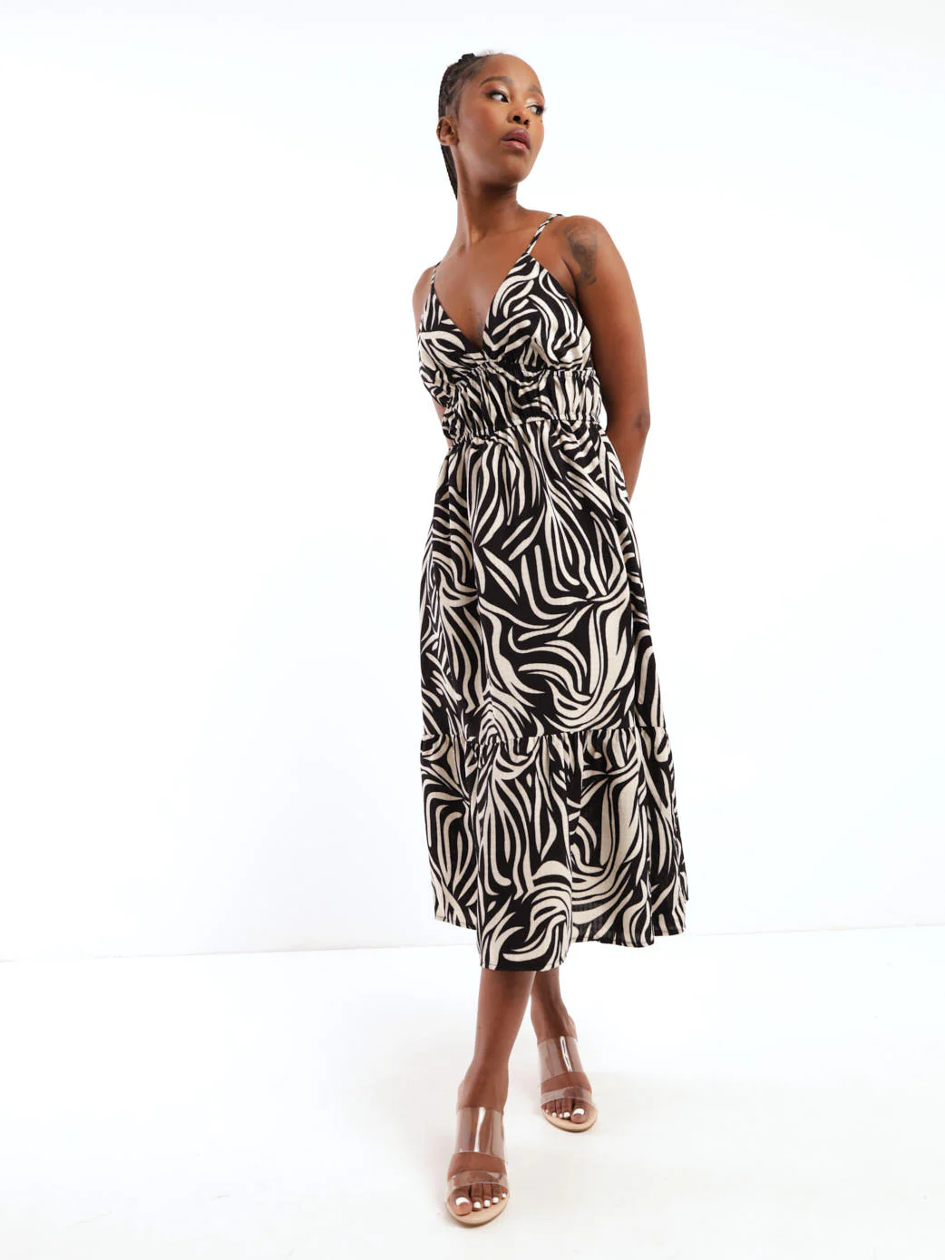 Strappy Double Elastic Printed Frill Hem Midi Dress