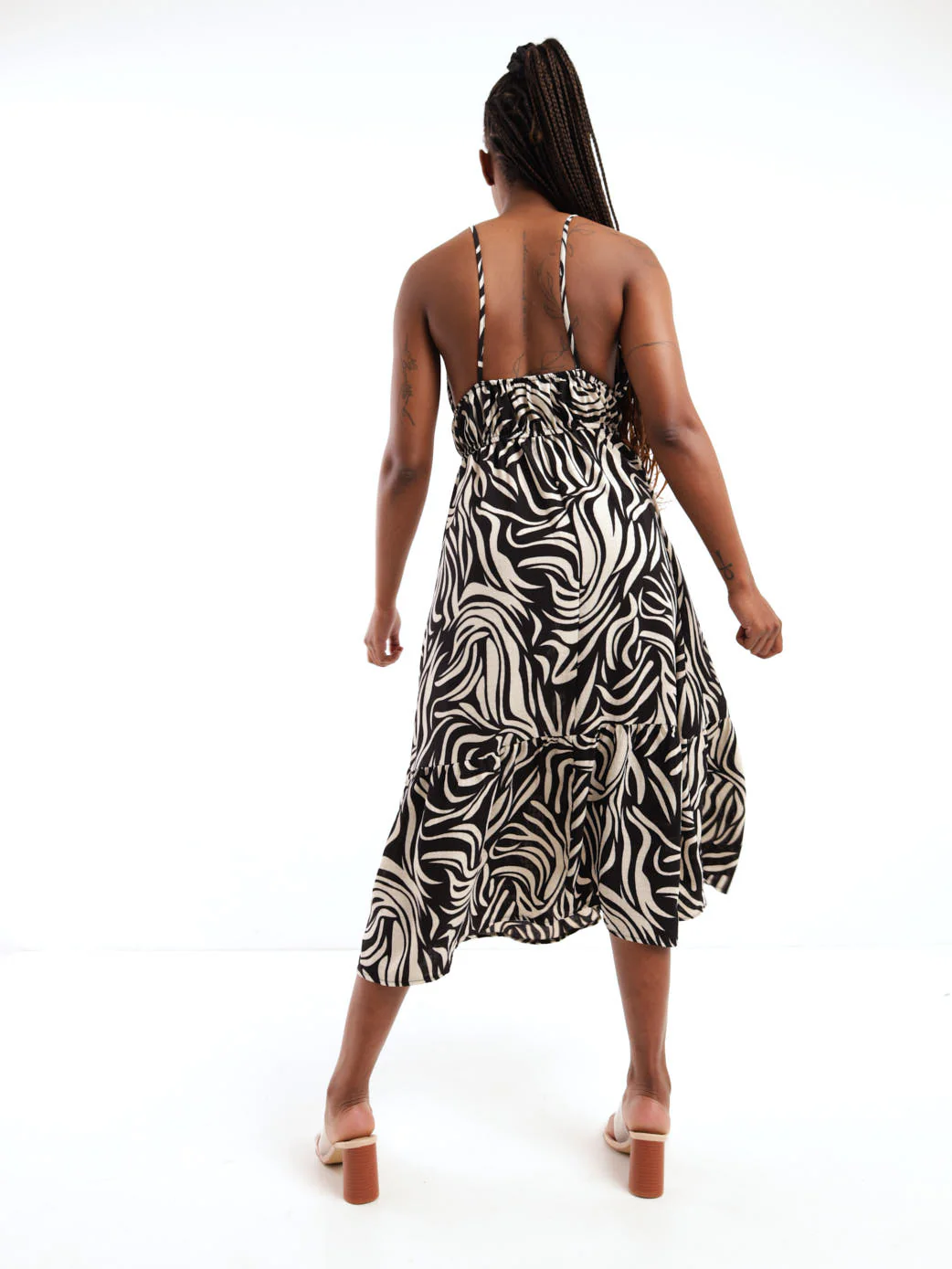 Strappy Double Elastic Printed Frill Hem Midi Dress - Image 3