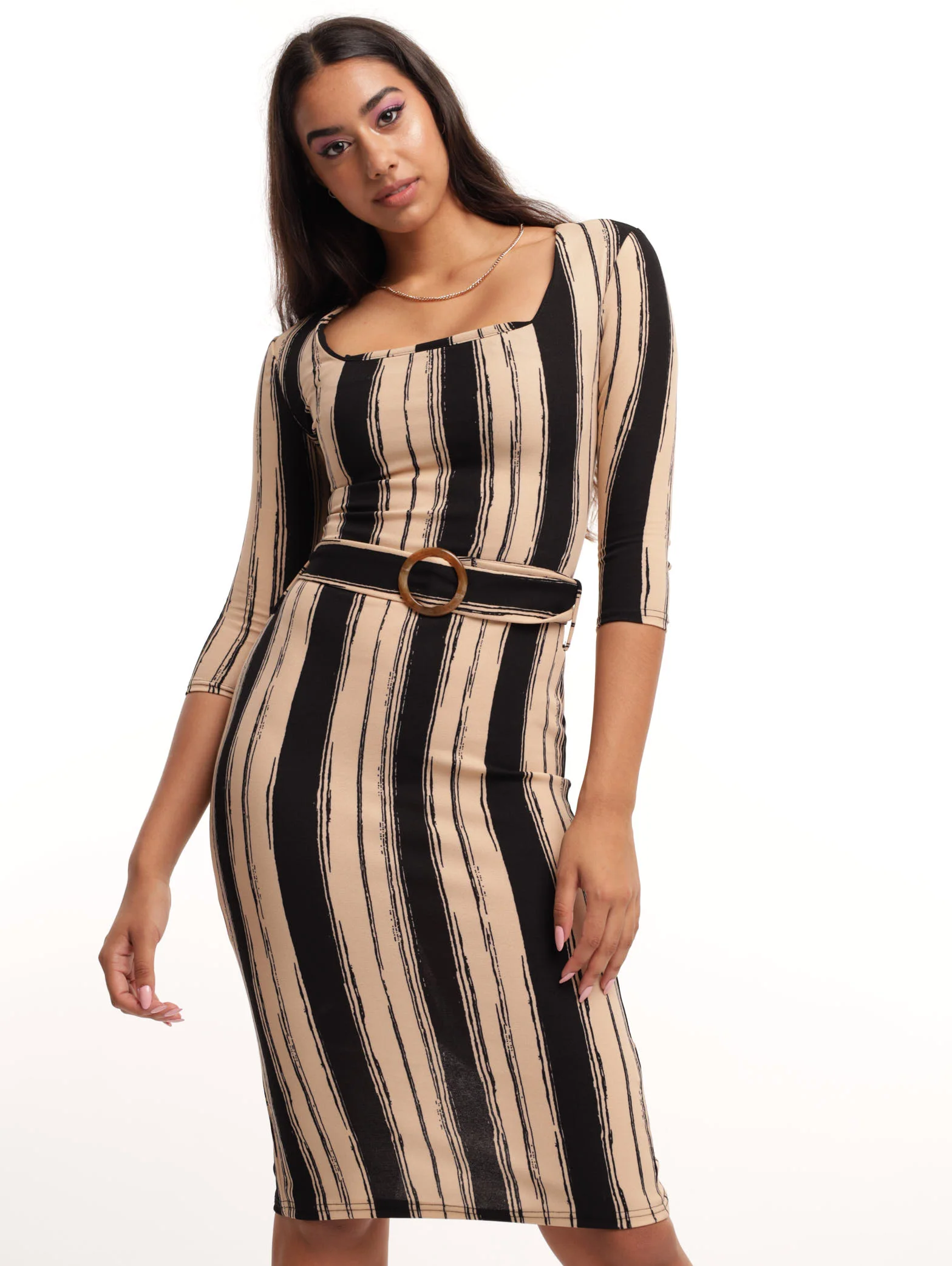 Striped 3/4 Sleeve Belted Dress