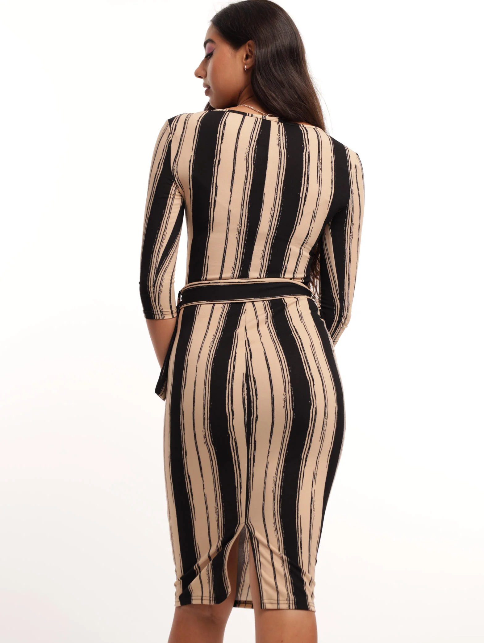 Striped 3/4 Sleeve Belted Dress - Image 4