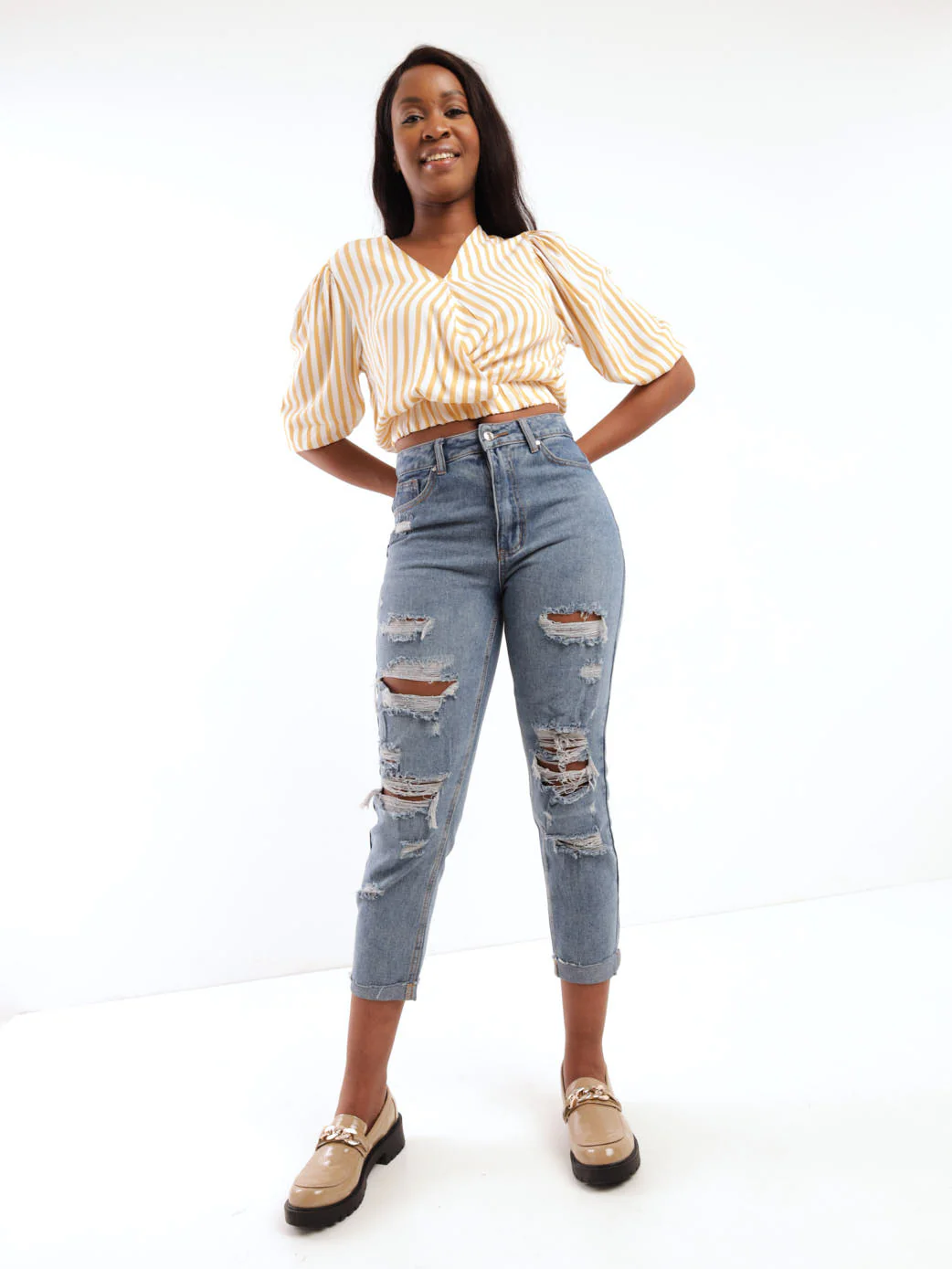 Striped Crossover Top - Beige - Image 2