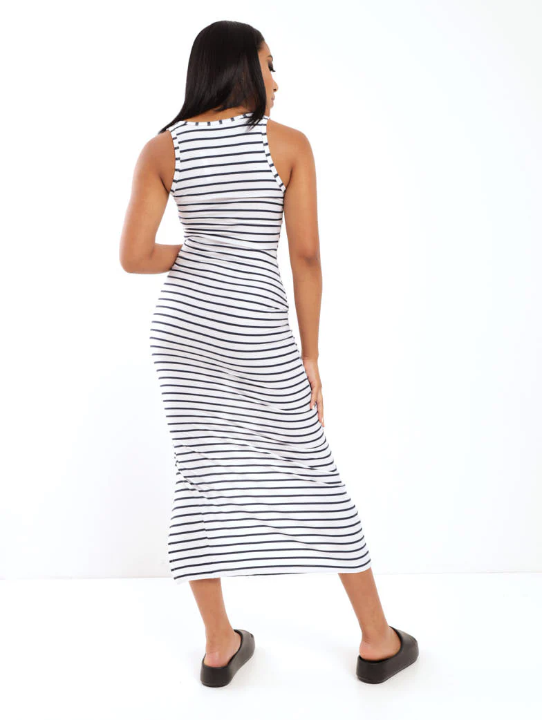Striped Ruched Dress - White/Navy - Image 3
