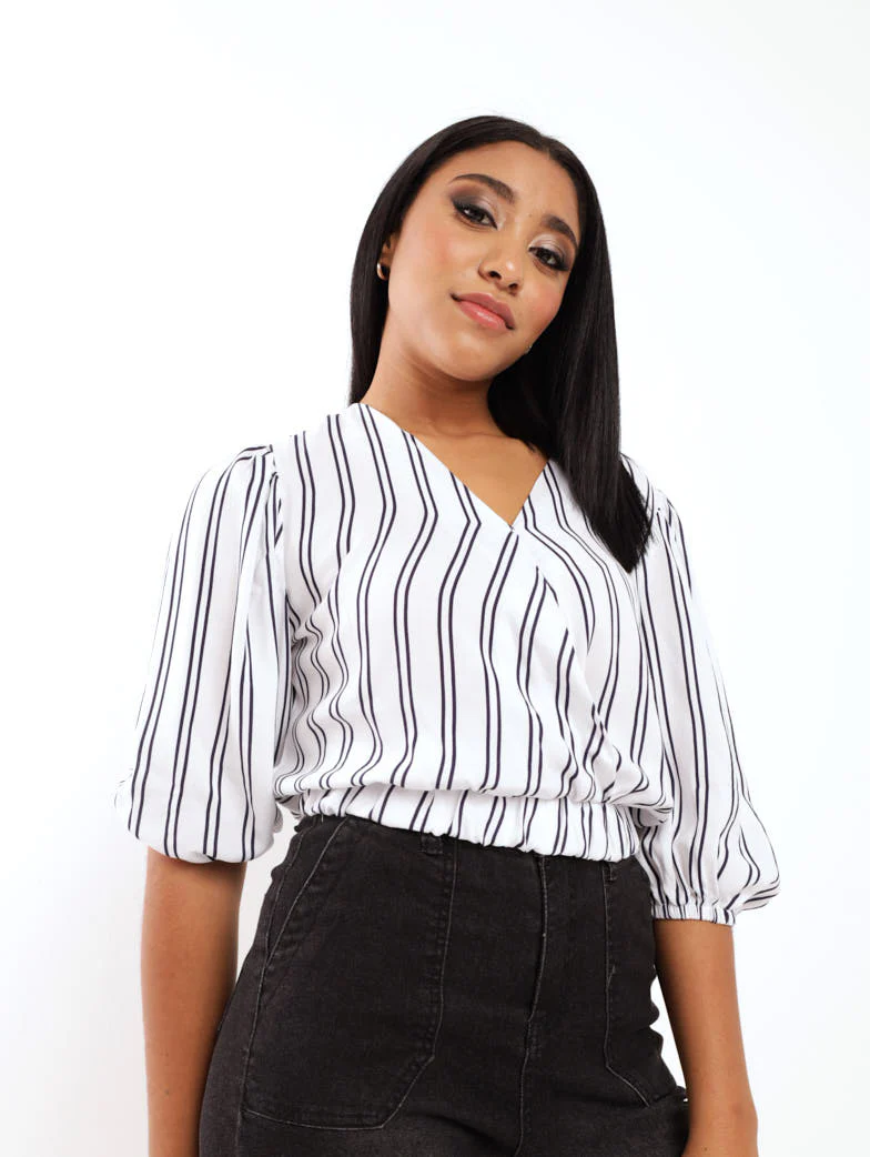Striped Wrap Top - Navy/White