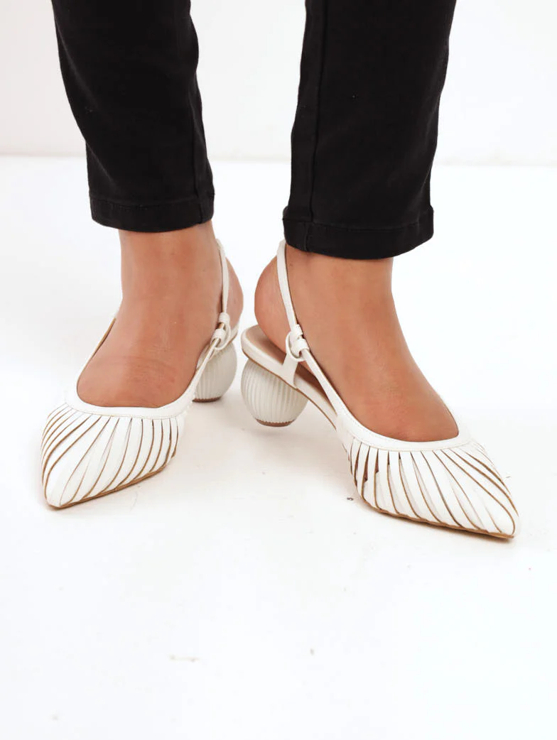 Strippy Pointed Slingback On Round Low Heel - White