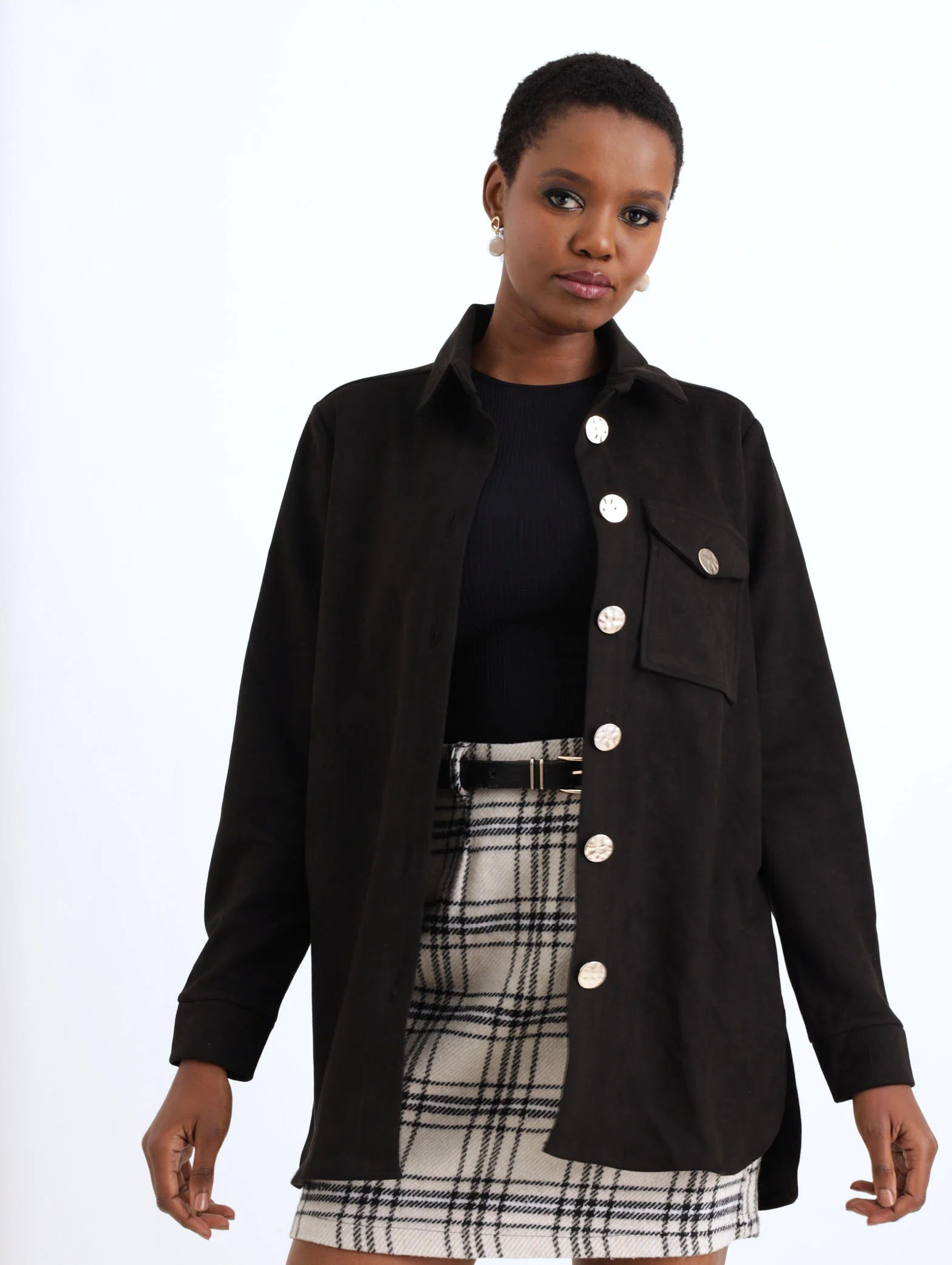 Suede Shacket With Fancy Buttons - Black