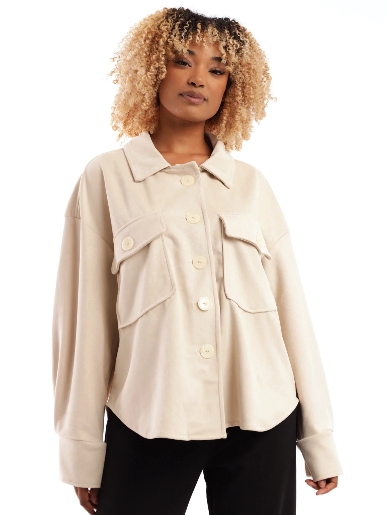 Suede Twill Shacket With Fancy Buttons - Cream