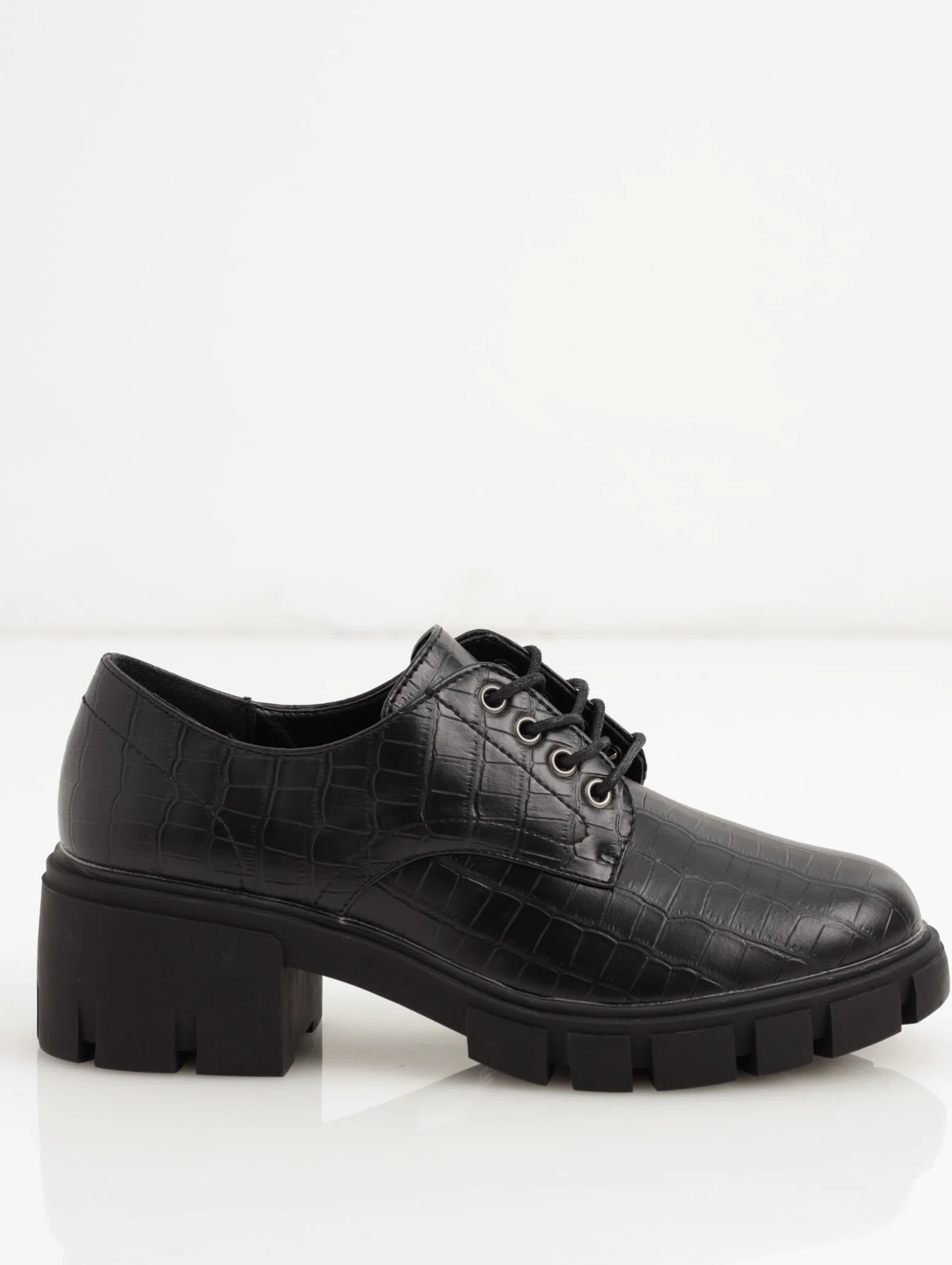 Super Chunky Croc Embossed Lace Up Shoe - Black - Image 2