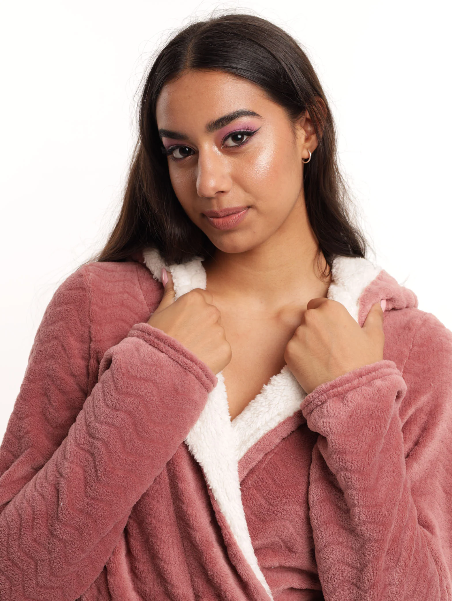 Teddy Trim Chevron Fleece Robe - Dusty Pink - Image 5
