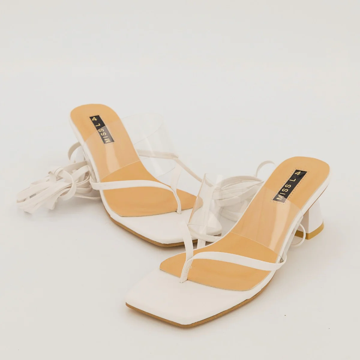 Thong Lace Up with Vinyl Strap On Flared Low Heel