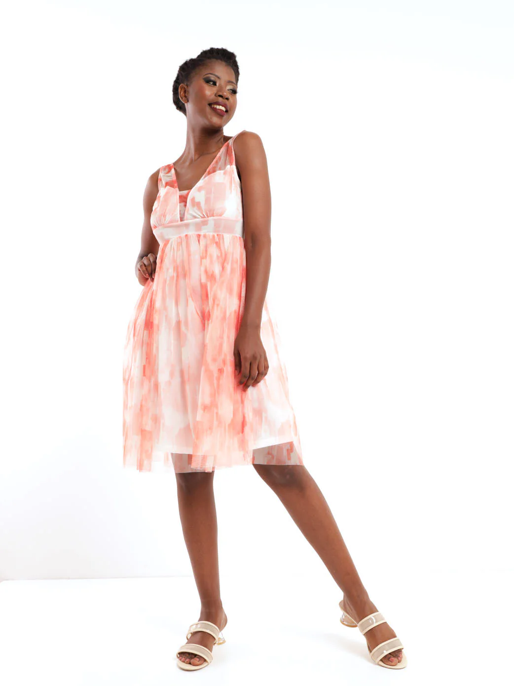 Tie-Belt Printed Prom Dress - Coral - Image 2