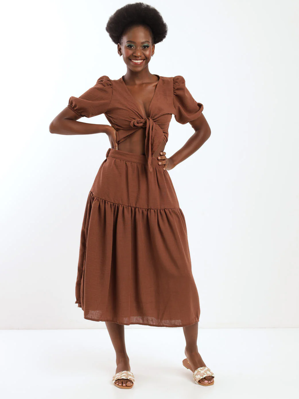 Tie-Front Puff Sleeve Top - Brown - Image 2