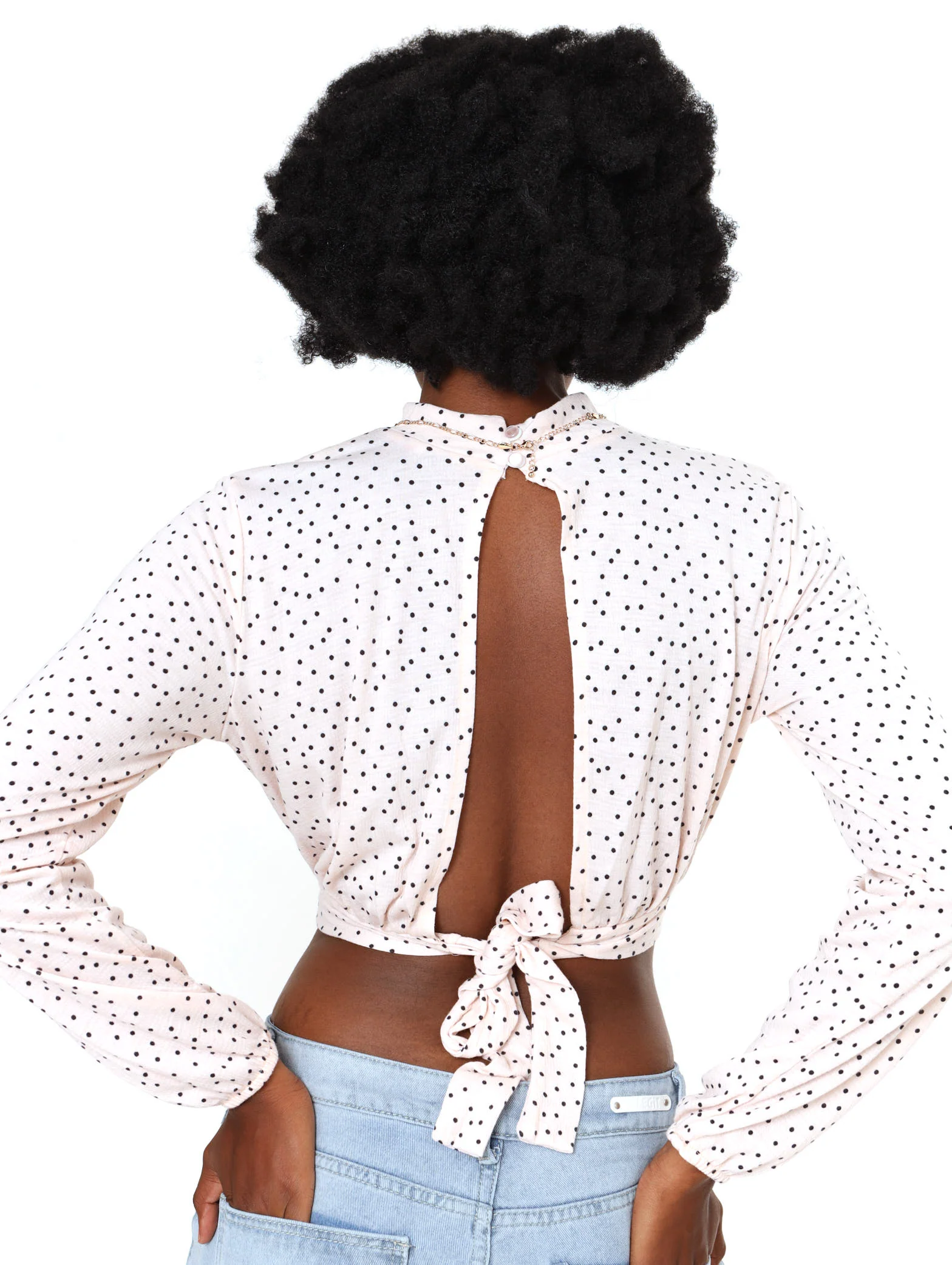 Tie Open-Back Crinkle Blouse Spot Top - Image 4