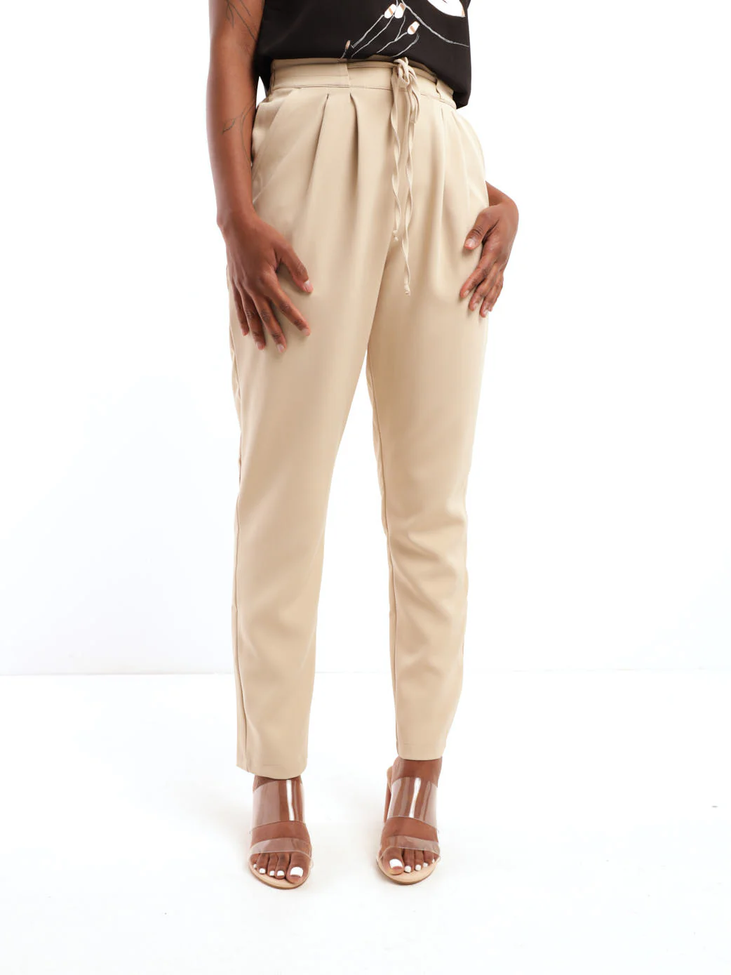 Tie Waist Pleat Detail Slim Leg Pant - Beige