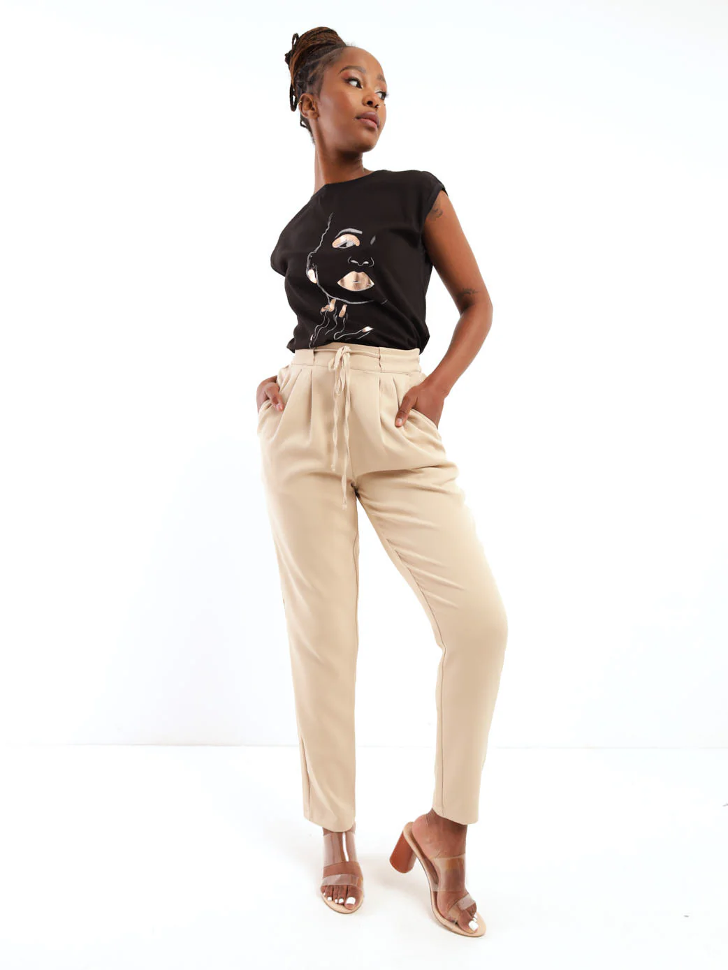 Tie Waist Pleat Detail Slim Leg Pant - Beige - Image 2