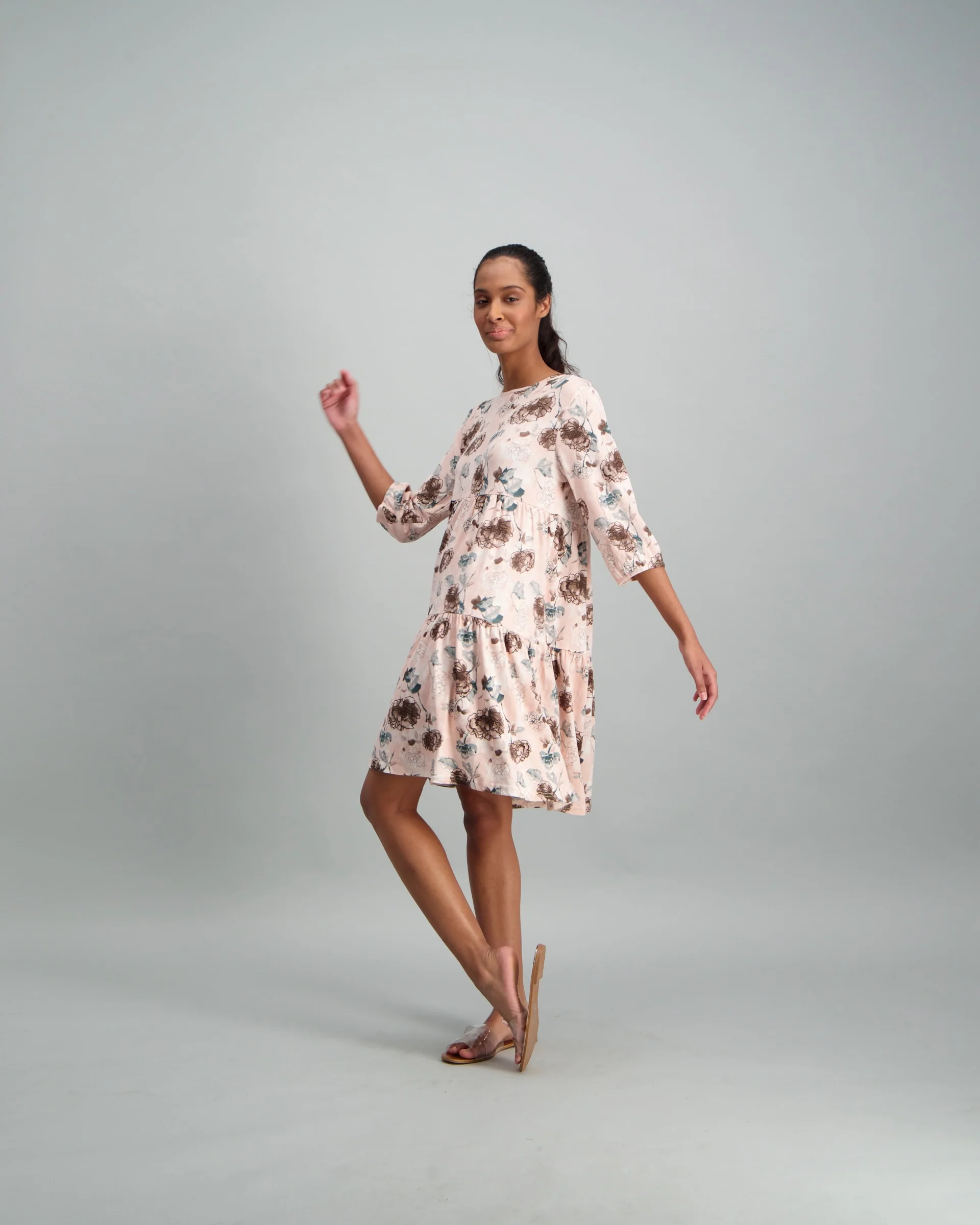 Tiered Crayon Floral Dress - Blush