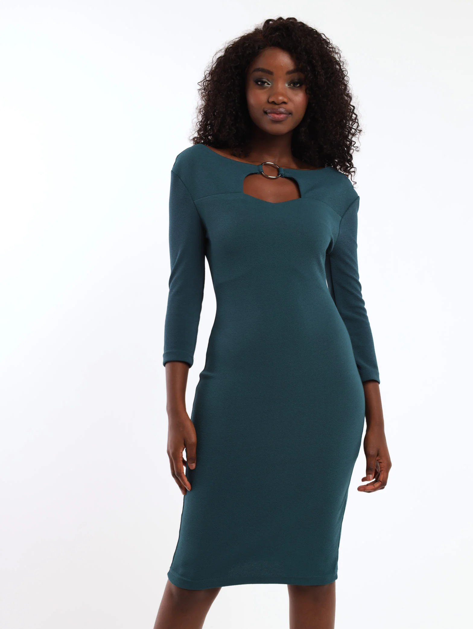 Trim Neck Detail Dress - Teal