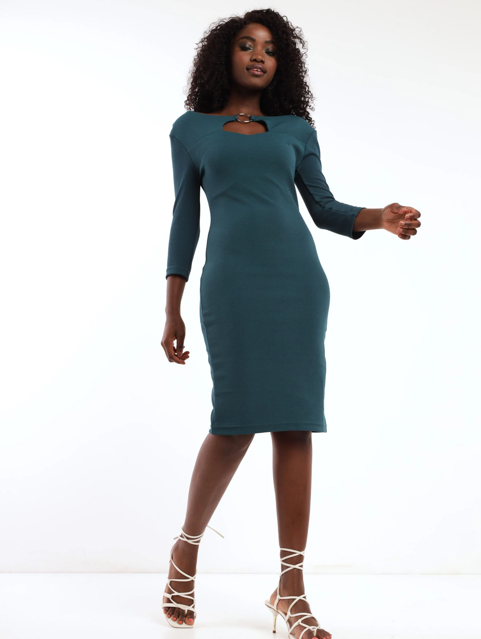 Trim Neck Detail Dress - Teal - Image 2
